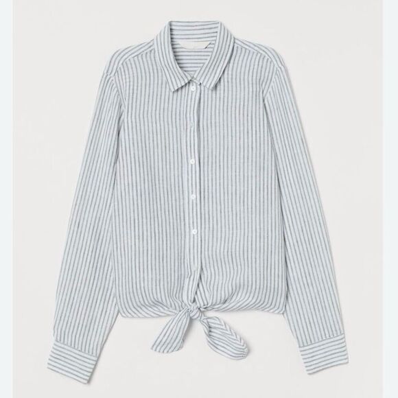 H&M | White Khaki Green Stripe Tie Waist Linen Blouse Top Button Down | Size XXL - Picture 1 of 8